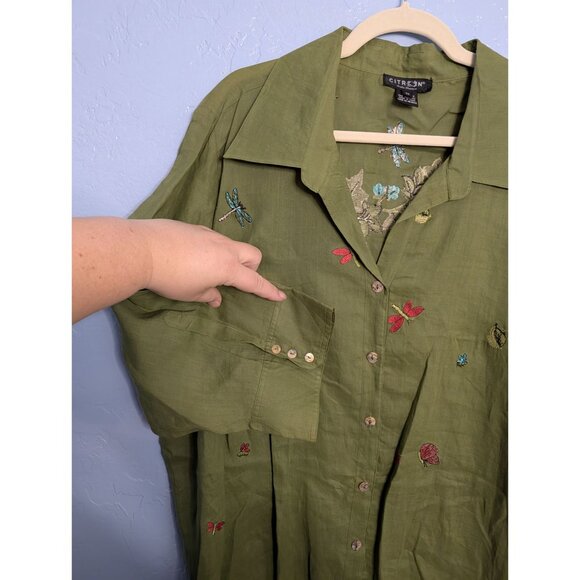 Citron Santa Monica 3X Green Button-Up Embroidered Ramie Tunic Top Boho Artsy - Picture 9 of 16